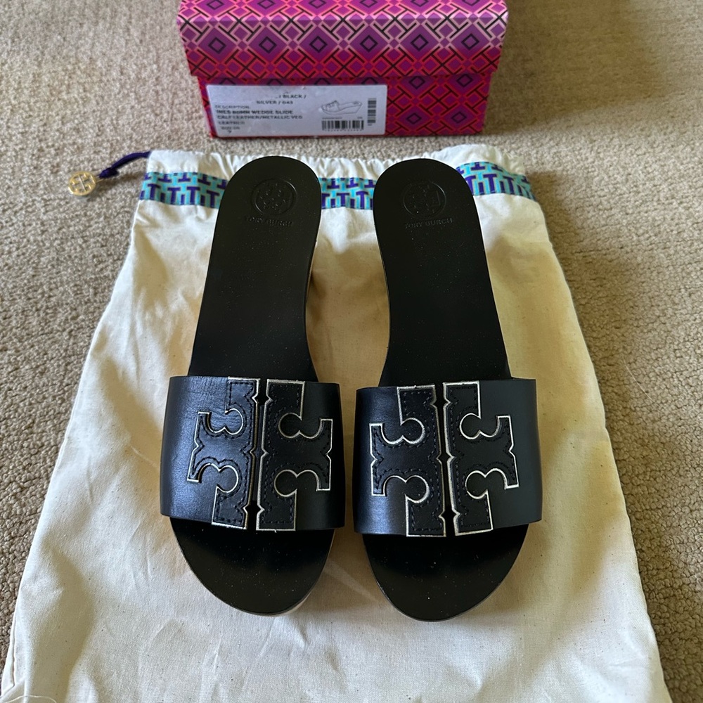 Tory Burch Women 7..0 INES 80 mm Classic Slide Wedge Sandals Black